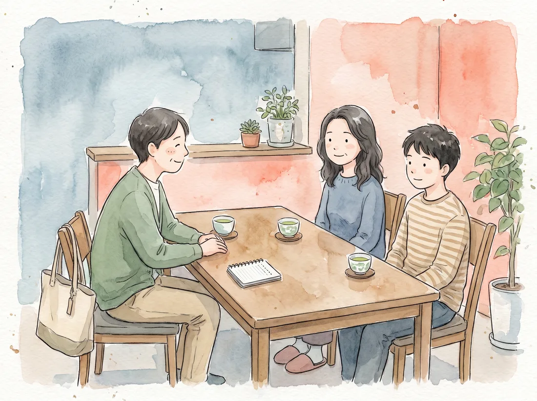 ご家族とスタッフが食卓で話している水彩画