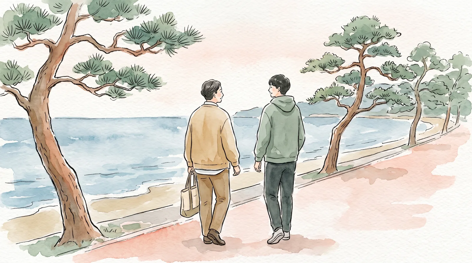 スタッフと若い利用者さんが海沿いの松林の道を並んで歩く水彩画