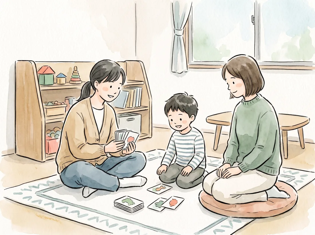 スタッフが子どもと絵カードで遊び、保護者が見守る水彩画